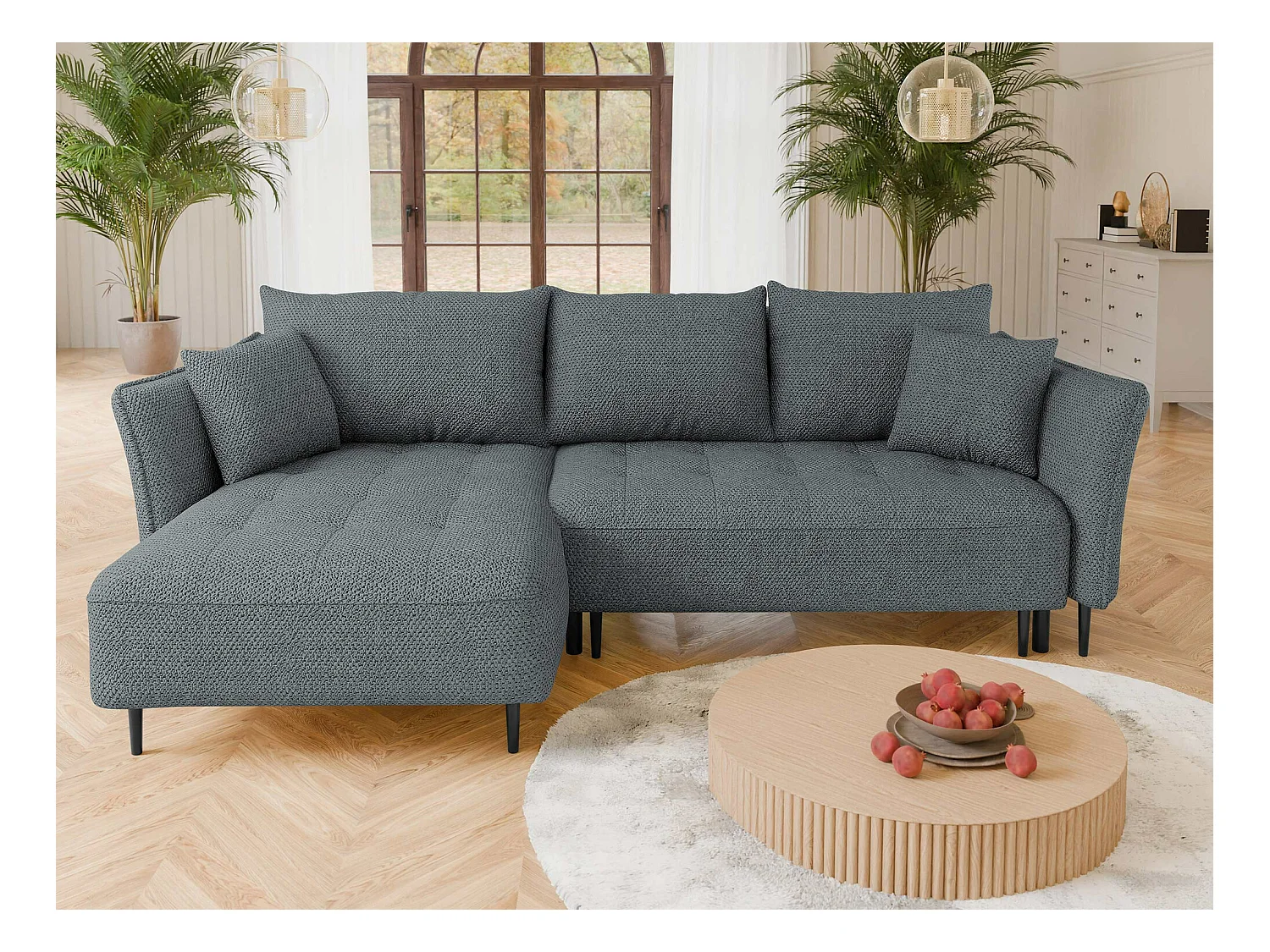 Canapé d'angle TrendyNest 102, Gris, Fonction de couchage, Boîte de literie, 276x158x94cm