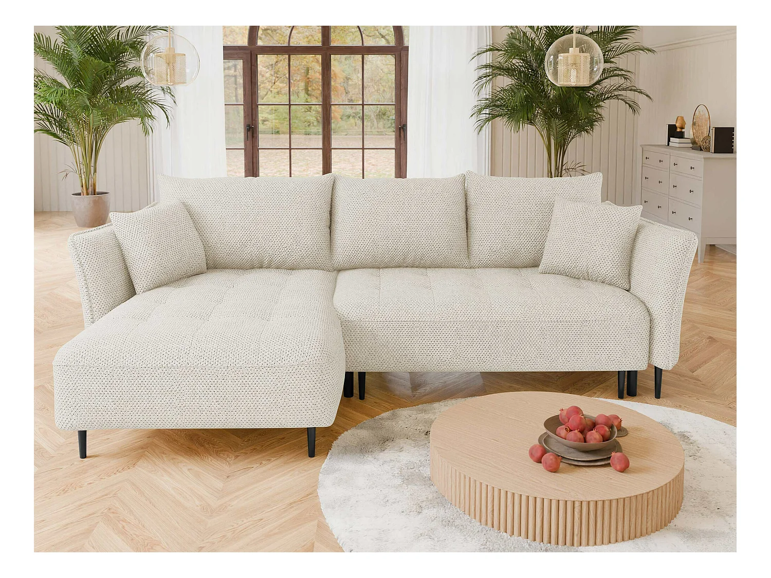 Canapé d'angle TrendyNest 102, Brun clair, Fonction de couchage, Boîte de literie, 276cm