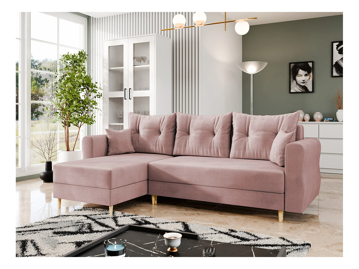 Sofá rinconero Veldala 102, Rosa, Función de descanso, Almacenaje, 238x138x85cm
