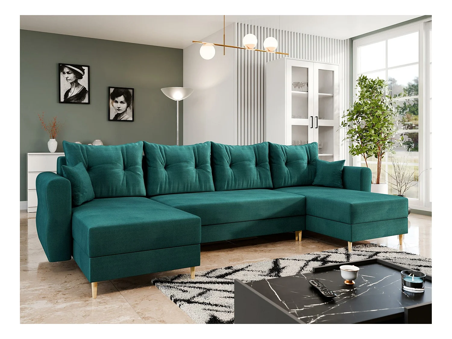 Sofá de canto Veldala 103, Turquesa, Funcionalidade de dormir