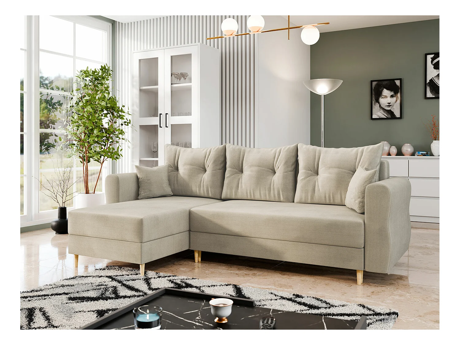 Sofá de canto Veldala 102, Castanho claro, Funcionalidade de dormir