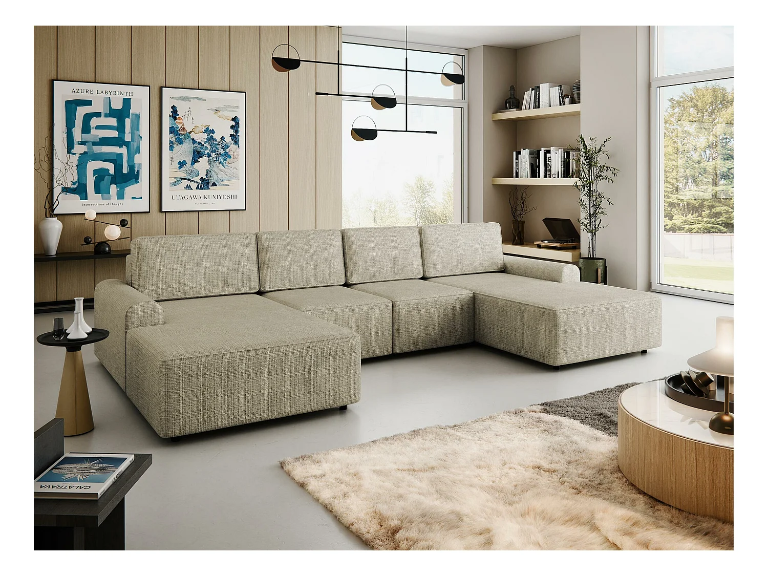 Canapé d'angle Stonecrest 106, Brun clair, Fonction de couchage, Boîte de literie, 338cm