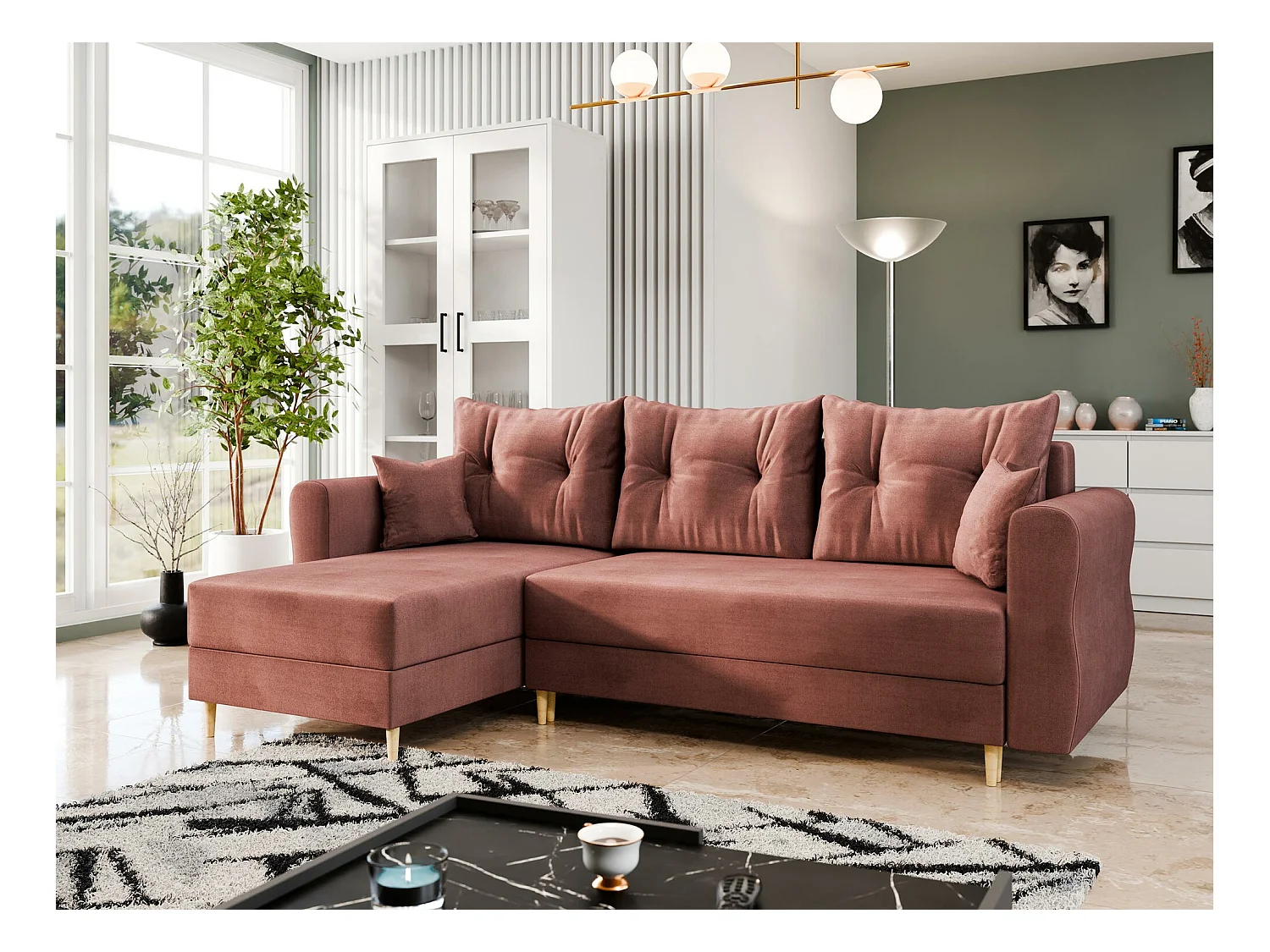 Sofá de canto Veldala 102, Rosé, Funcionalidade de dormir, 24x14x9cm