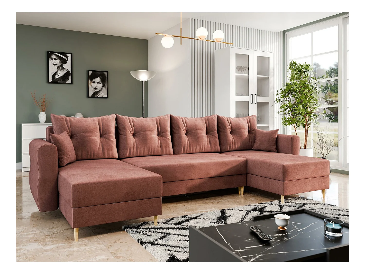 Sofá rinconero Veldala 103, Rosa, Función de descanso, Almacenaje, 310x138x85cm