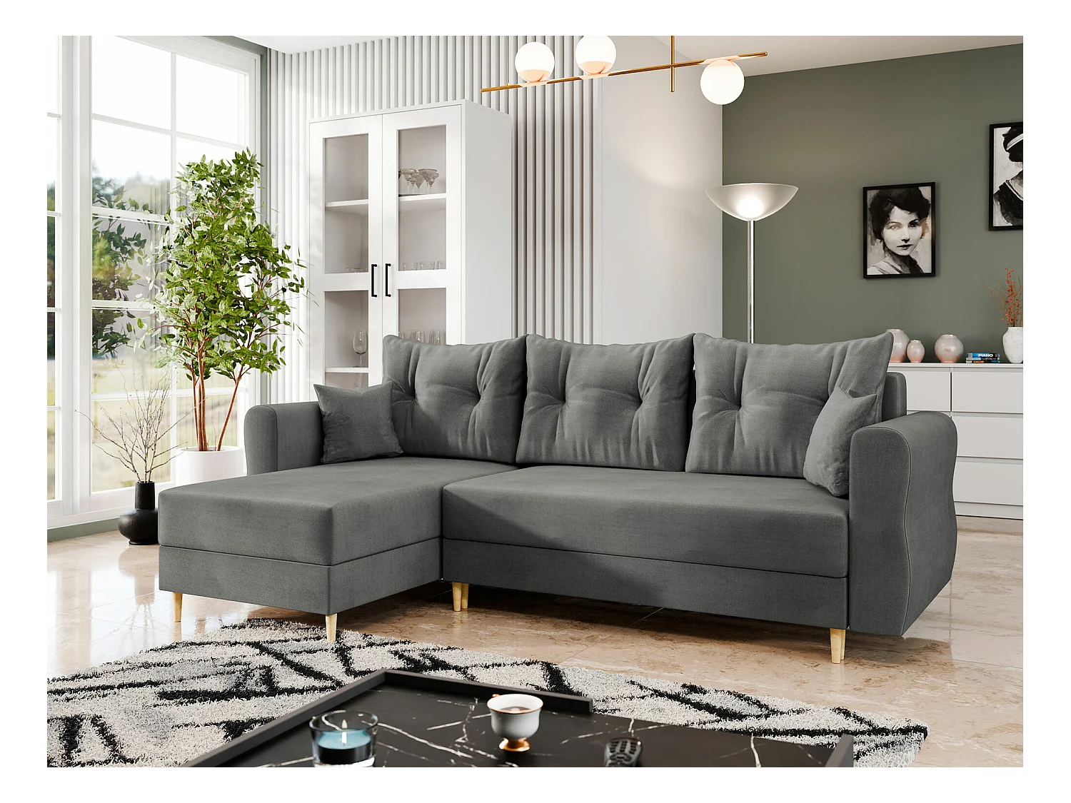 Sofá rinconero Veldala 102, Gris, Función de descanso, Almacenaje, 238x138x85cm