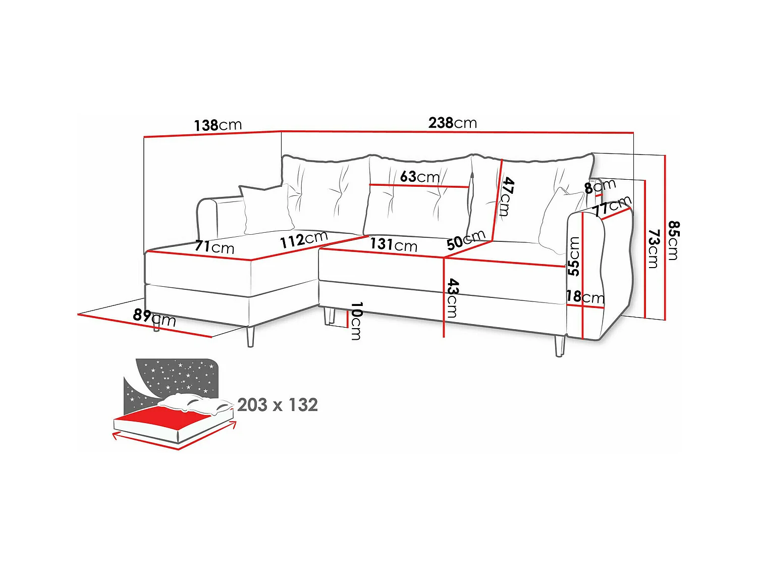 Sofá rinconero Veldala 102, Gris, Función de descanso, Almacenaje, 238x138x85cm