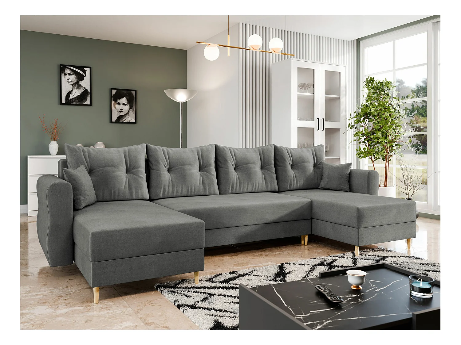 Sofá rinconero Veldala 103, Gris, Función de descanso, Almacenaje, 310x138x85cm