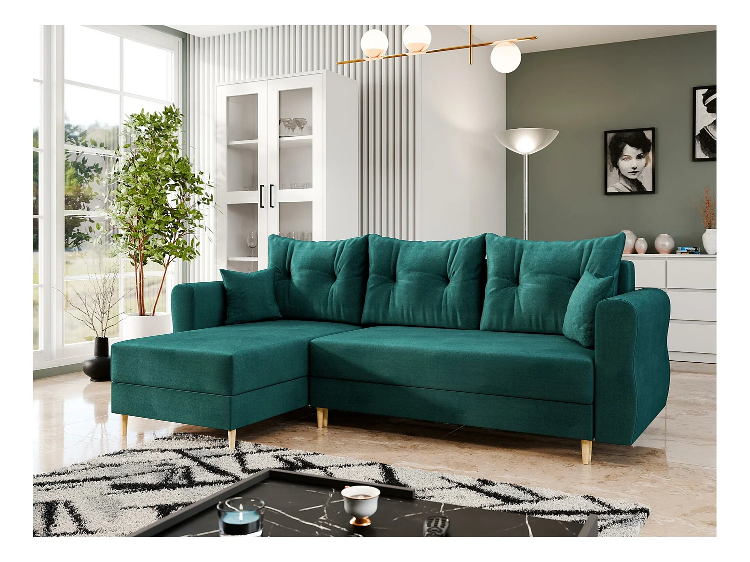 Sofá de canto Veldala 102, Turquesa, Funcionalidade de dormir