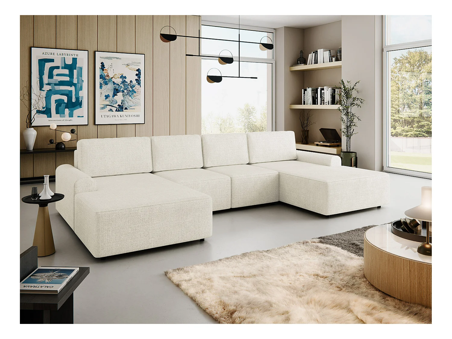 Canapé d'angle Stonecrest 106, Brun clair, Fonction de couchage, Boîte de literie, 338cm