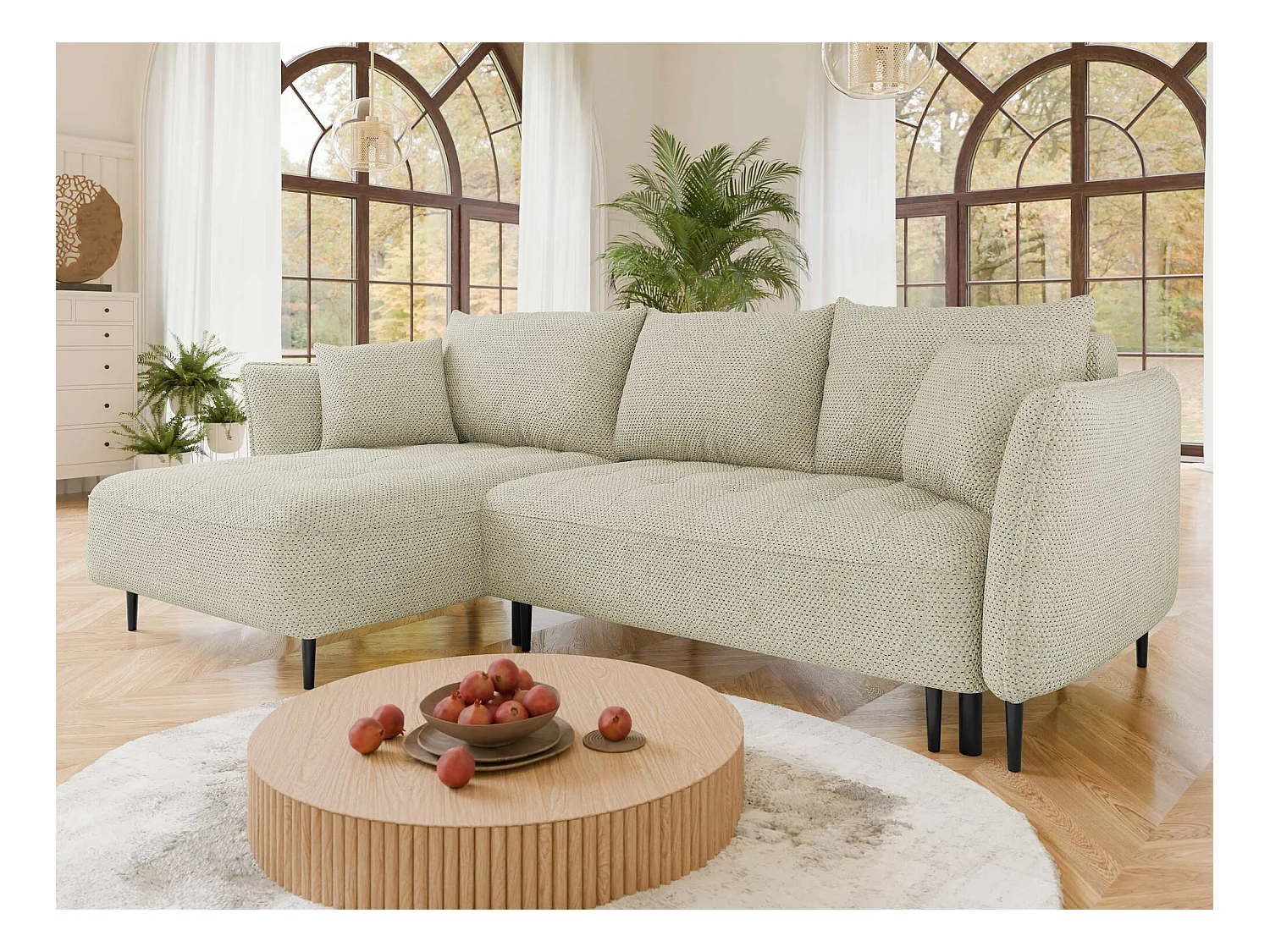 Sofá rinconero TrendyNest 102, De color marrón claro, Función de descanso, Almacenaje,