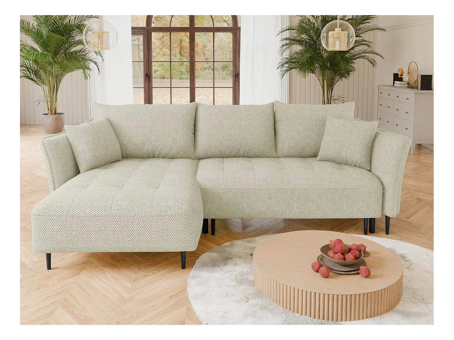 Sofá rinconero TrendyNest 102, De color marrón claro, Función de descanso, Almacenaje,