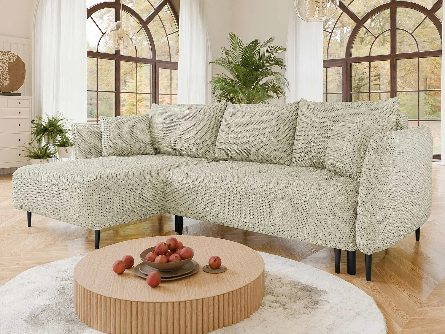 Sofá rinconero TrendyNest 102, De color marrón claro, Función de descanso, Almacenaje,