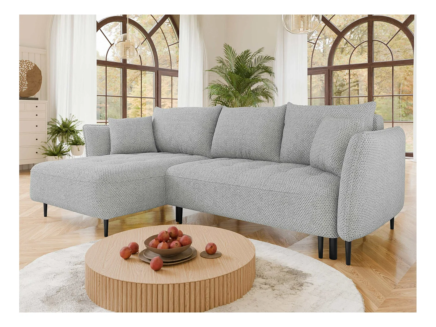 Canapé d'angle TrendyNest 102, Gris, Fonction de couchage, Boîte de literie, 276x158x94cm