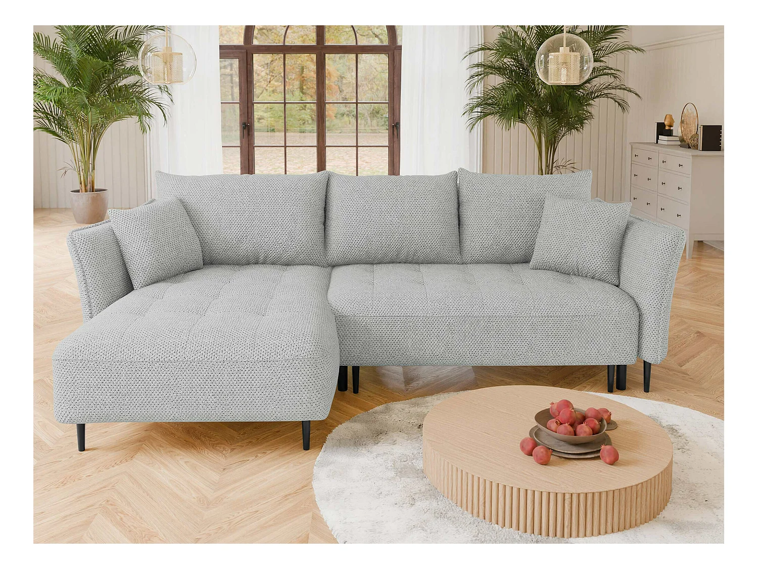 Canapé d'angle TrendyNest 102, Gris, Fonction de couchage, Boîte de literie, 276x158x94cm