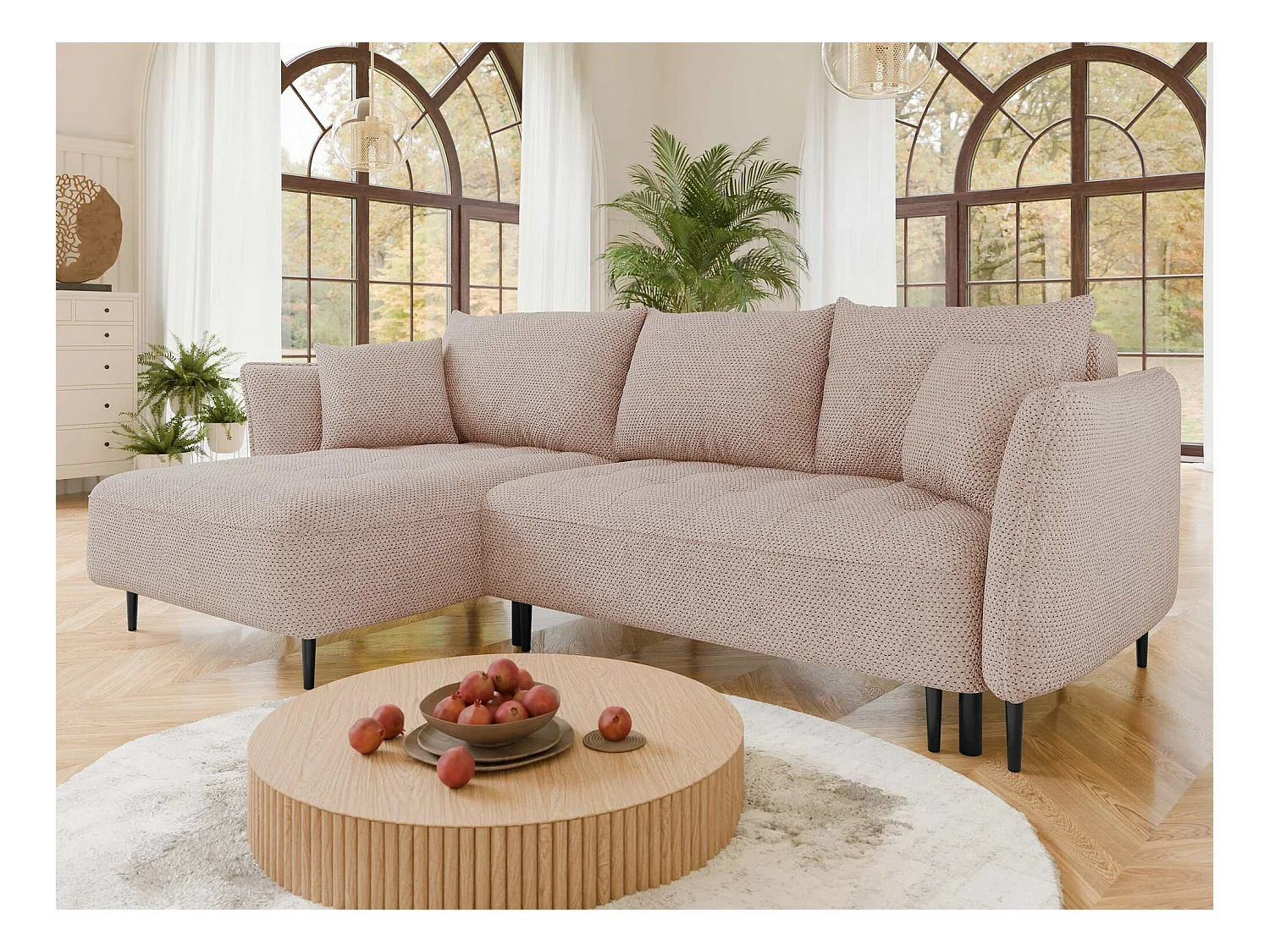 Canapé d'angle TrendyNest 102, Rose, Fonction de couchage, Boîte de literie, 276x158x94cm