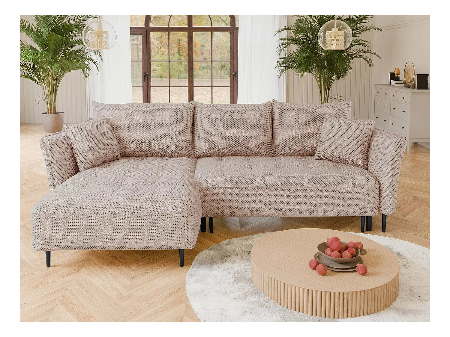 Canapé d'angle TrendyNest 102, Rose, Fonction de couchage, Boîte de literie, 276x158x94cm