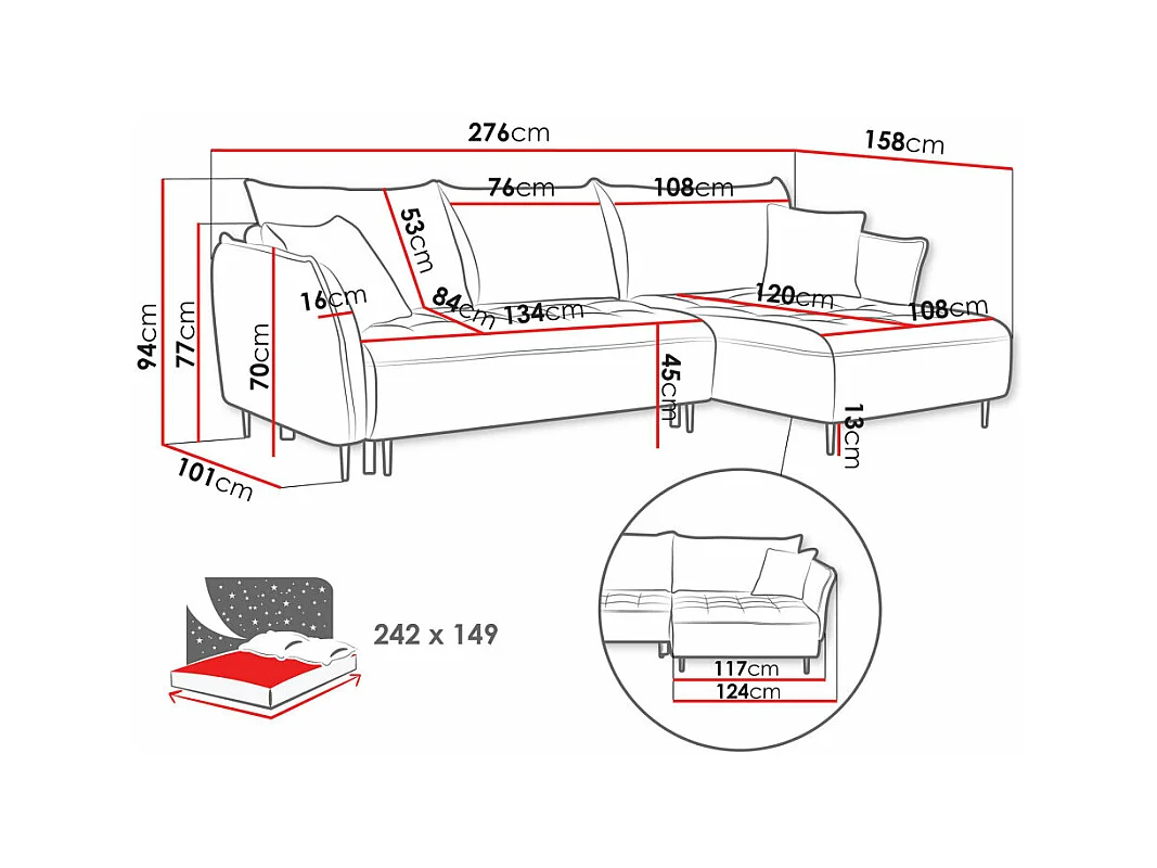 Canapé d'angle TrendyNest 102, Rose, Fonction de couchage, Boîte de literie, 276x158x94cm