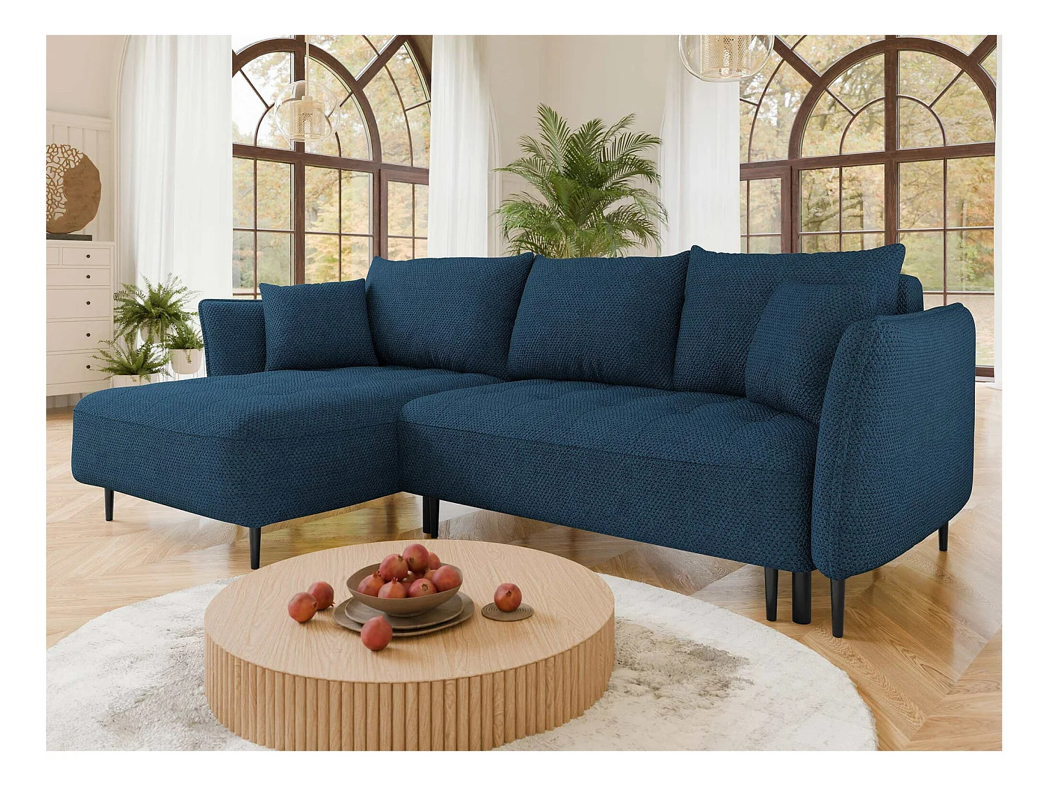 Canapé d'angle TrendyNest 102, Bleu, Fonction de couchage, Boîte de literie, 276x158x94cm