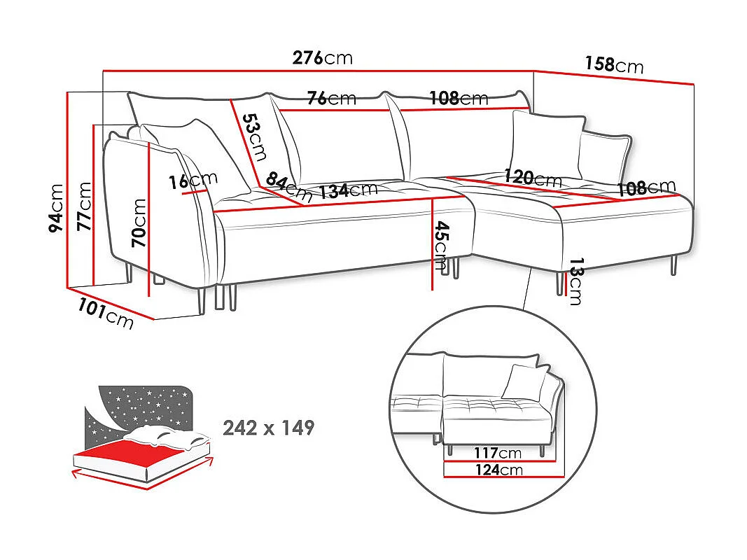 Canapé d'angle TrendyNest 102, Bleu, Disponible, 276x158x94cm