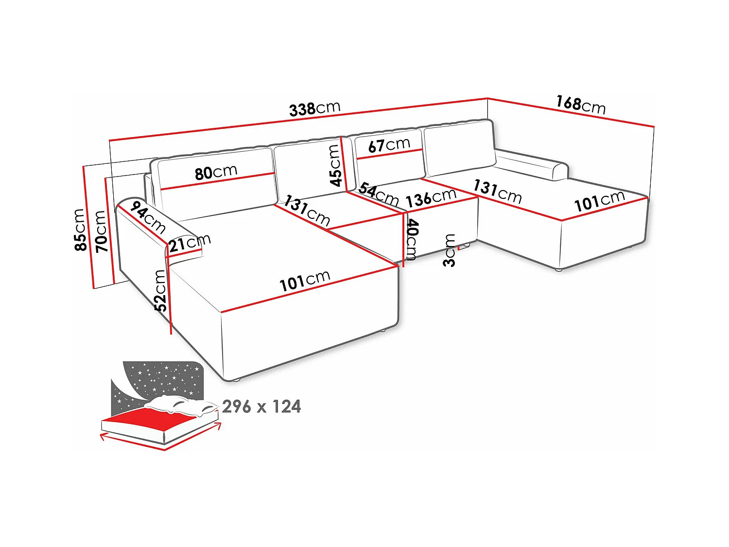 Sofá rinconero Stonecrest 106, Gris, Función de descanso, Almacenaje, 338x168x85cm