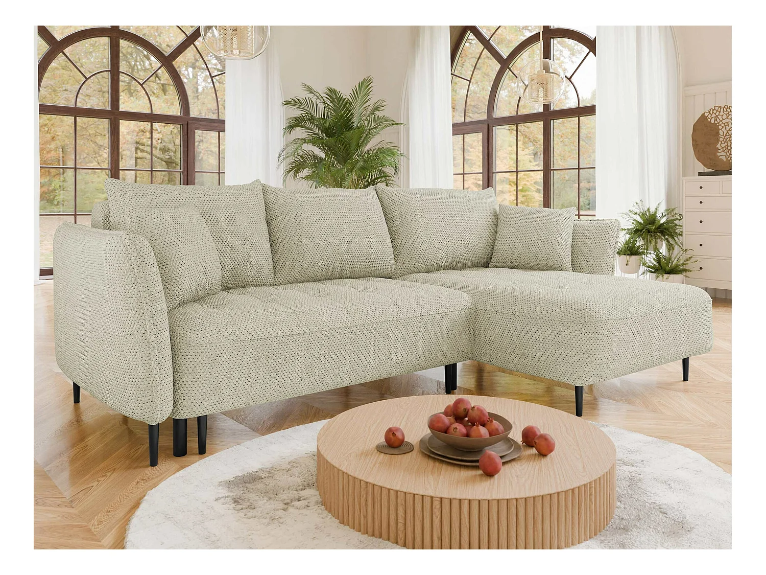 Canapé d'angle TrendyNest 102, Brun clair, Fonction de couchage, Boîte de literie, 276cm