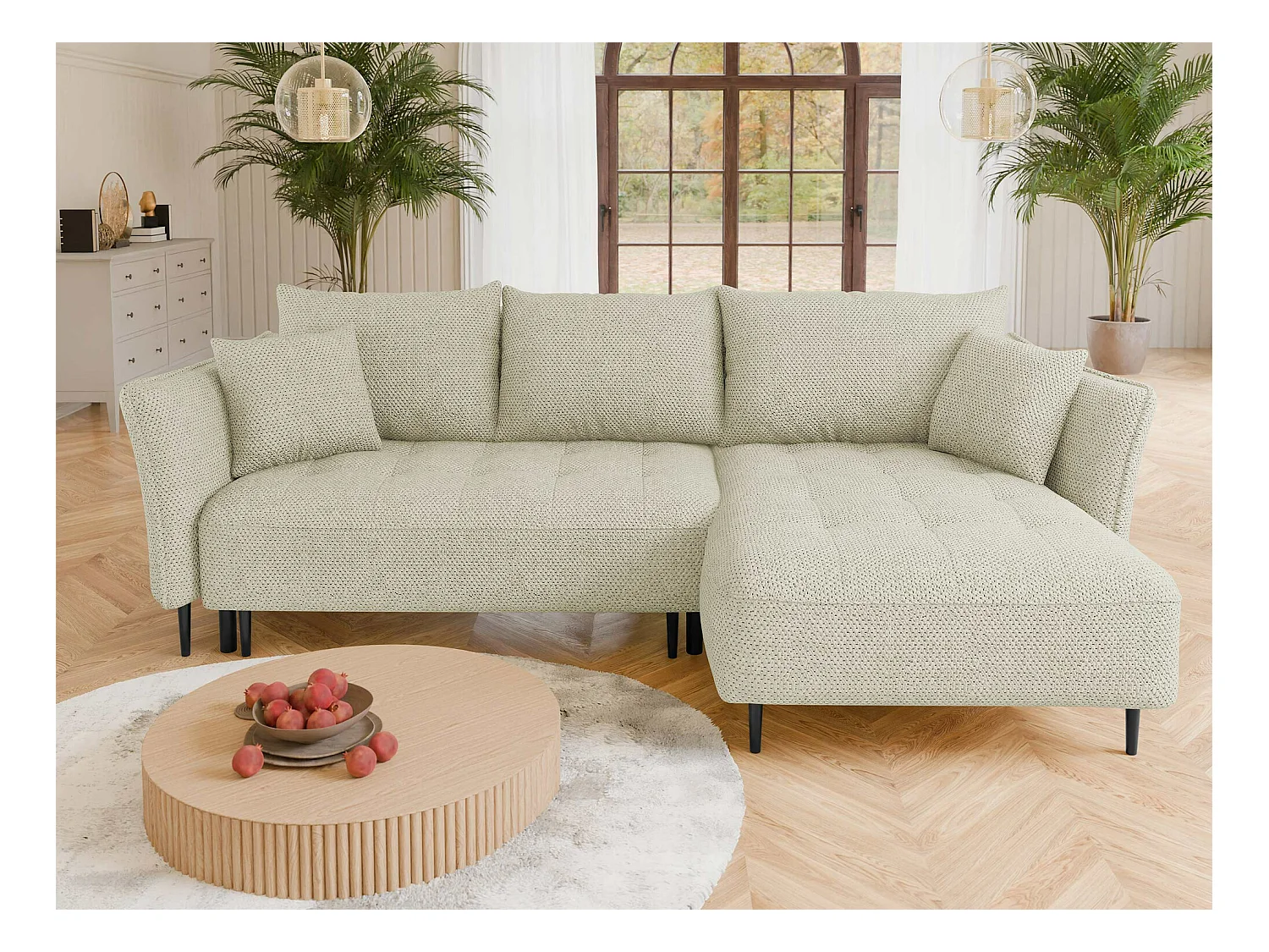 Canapé d'angle TrendyNest 102, Brun clair, Fonction de couchage, Boîte de literie, 276cm