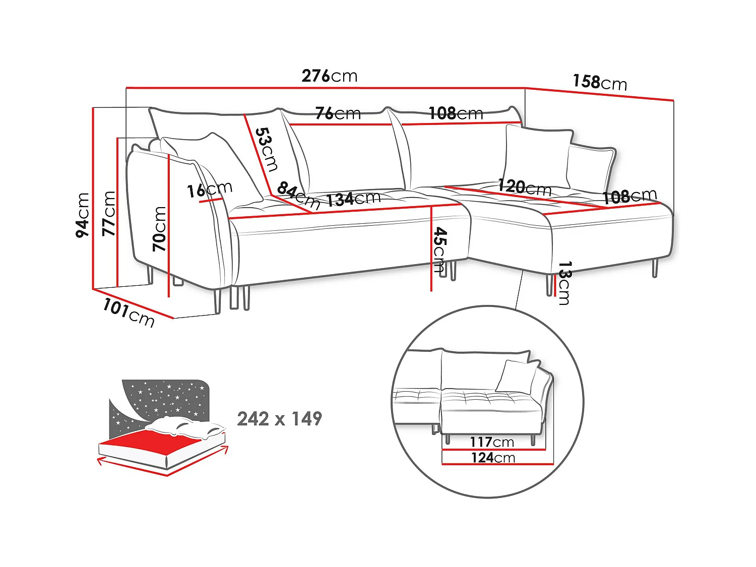 Canapé d'angle TrendyNest 102, Brun clair, Fonction de couchage, Boîte de literie, 276cm