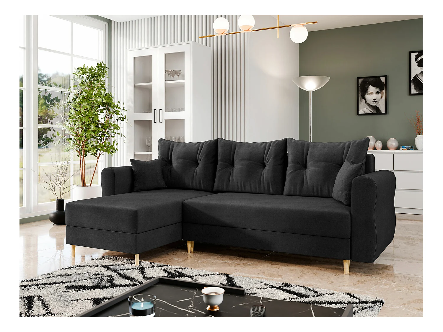 Sofá de canto Veldala 102, Preto, Funcionalidade de dormir, 24x14x9cm