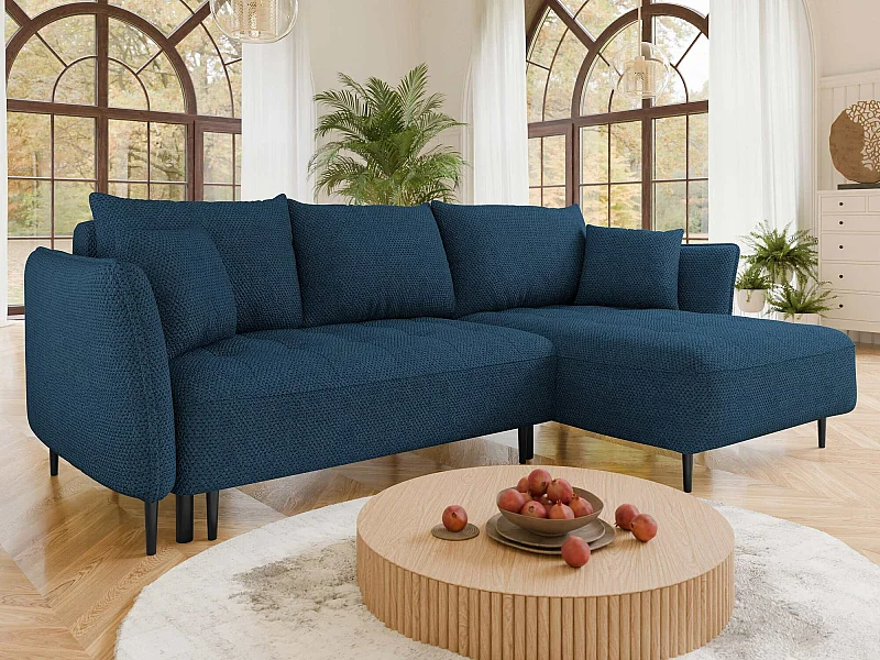 Canapé d'angle TrendyNest 102, Bleu, Fonction de couchage, Boîte de literie, 276x158x94cm