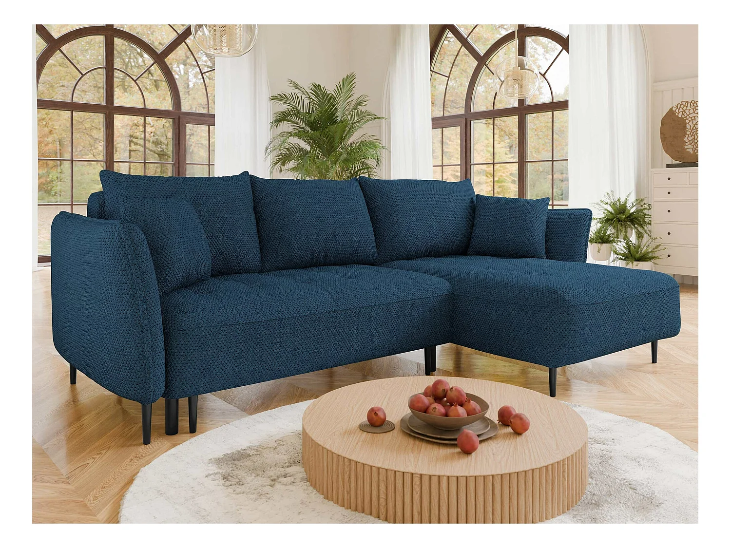 Canapé d'angle TrendyNest 102, Bleu, Fonction de couchage, Boîte de literie, 276x158x94cm