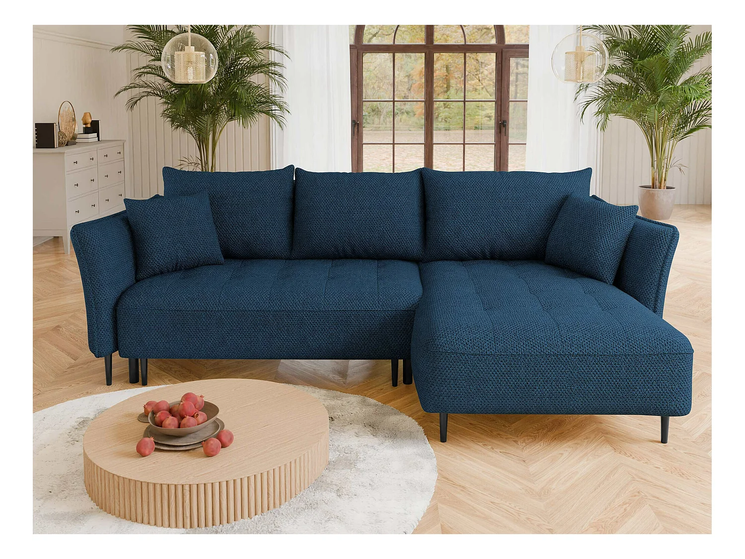 Canapé d'angle TrendyNest 102, Bleu, Fonction de couchage, Boîte de literie, 276x158x94cm