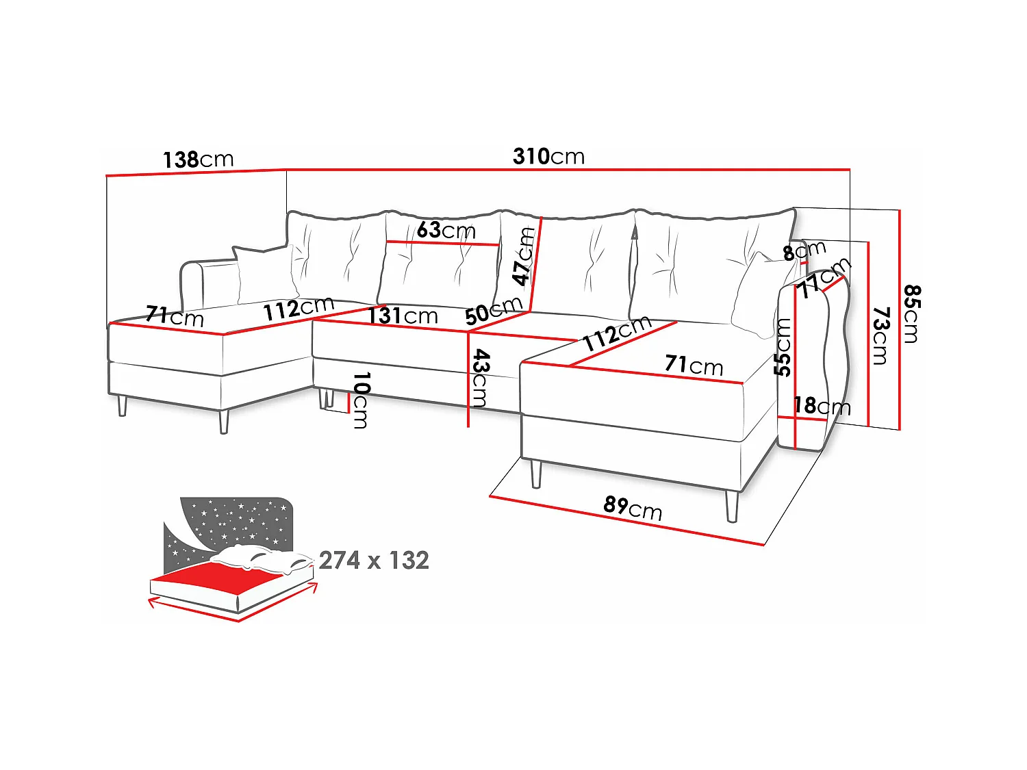 Canapé d'angle Veldala 103, Bleu, Fonction de couchage, Boîte de literie, 310x138x85cm