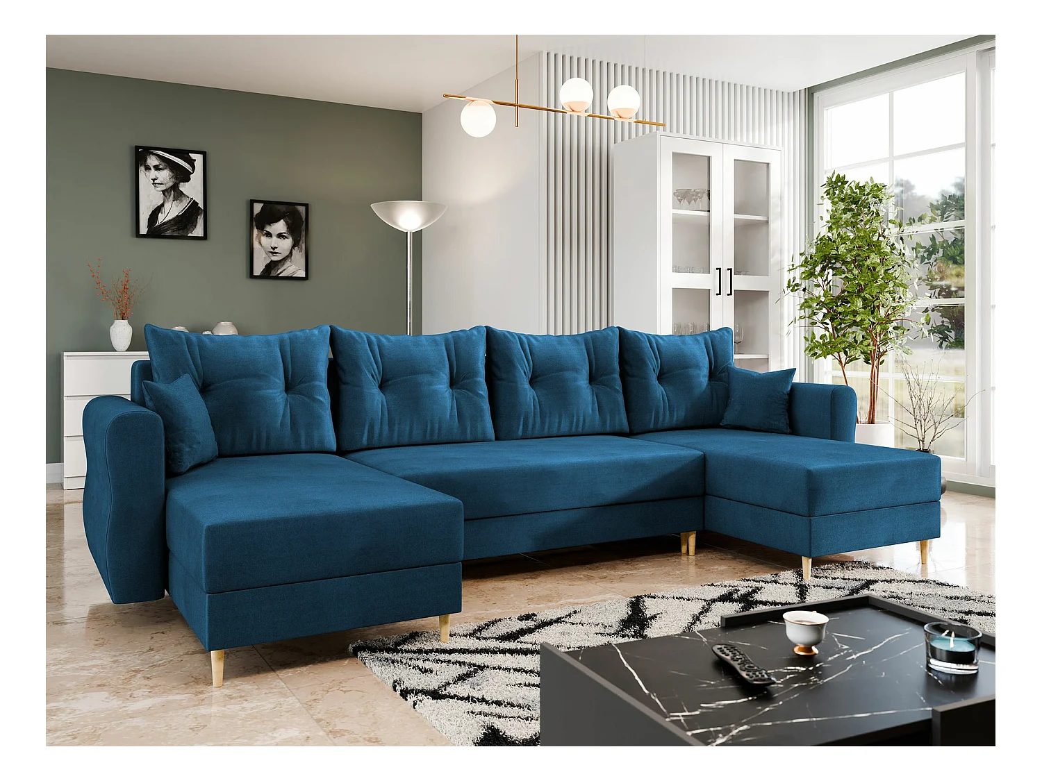 Sofá rinconero Veldala 103, Azul, Función de descanso, Almacenaje, 310x138x85cm