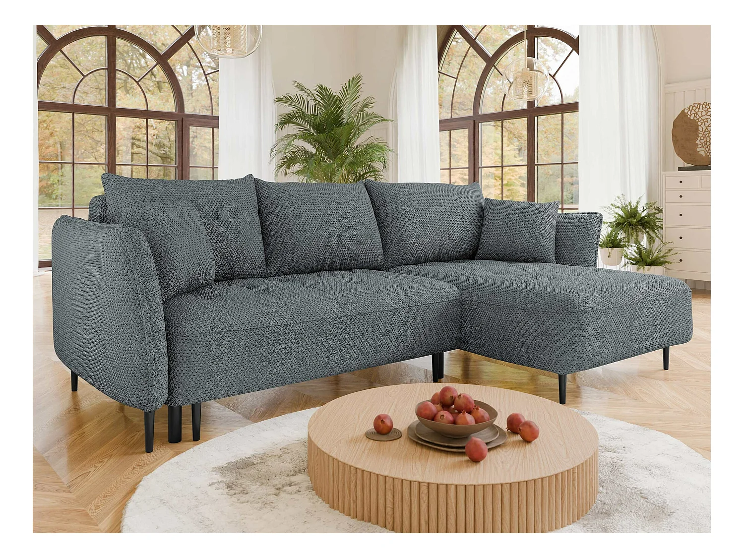 Canapé d'angle TrendyNest 102, Gris, Fonction de couchage, Boîte de literie, 276x158x94cm