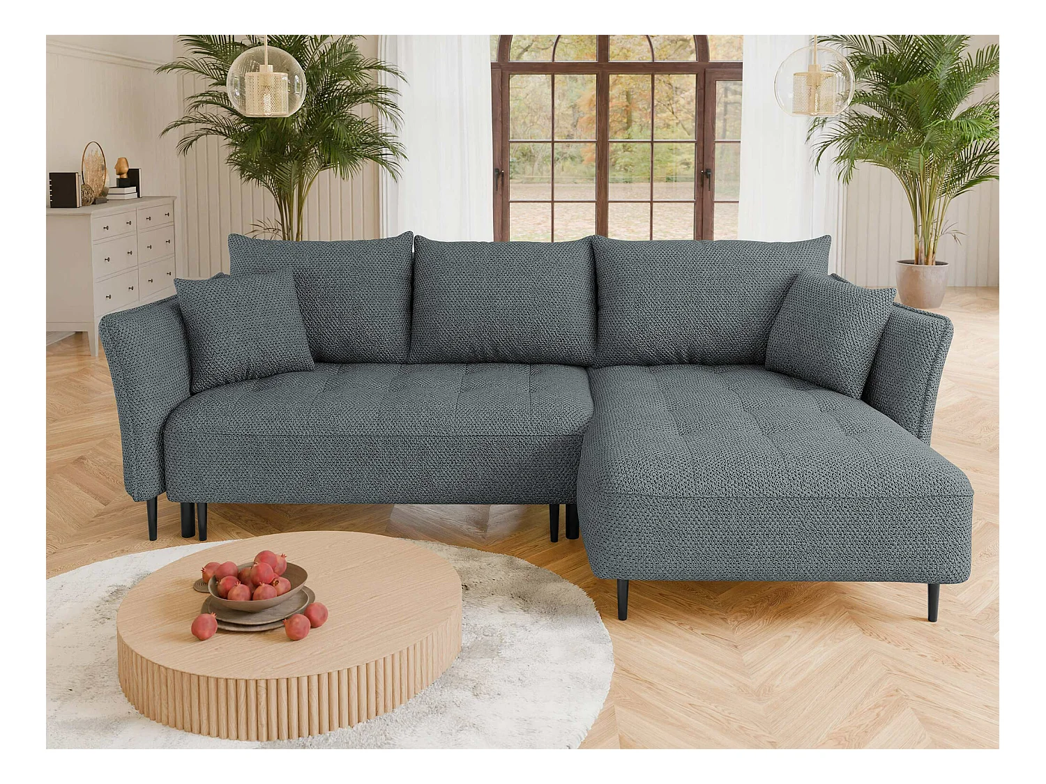 Canapé d'angle TrendyNest 102, Gris, Fonction de couchage, Boîte de literie, 276x158x94cm