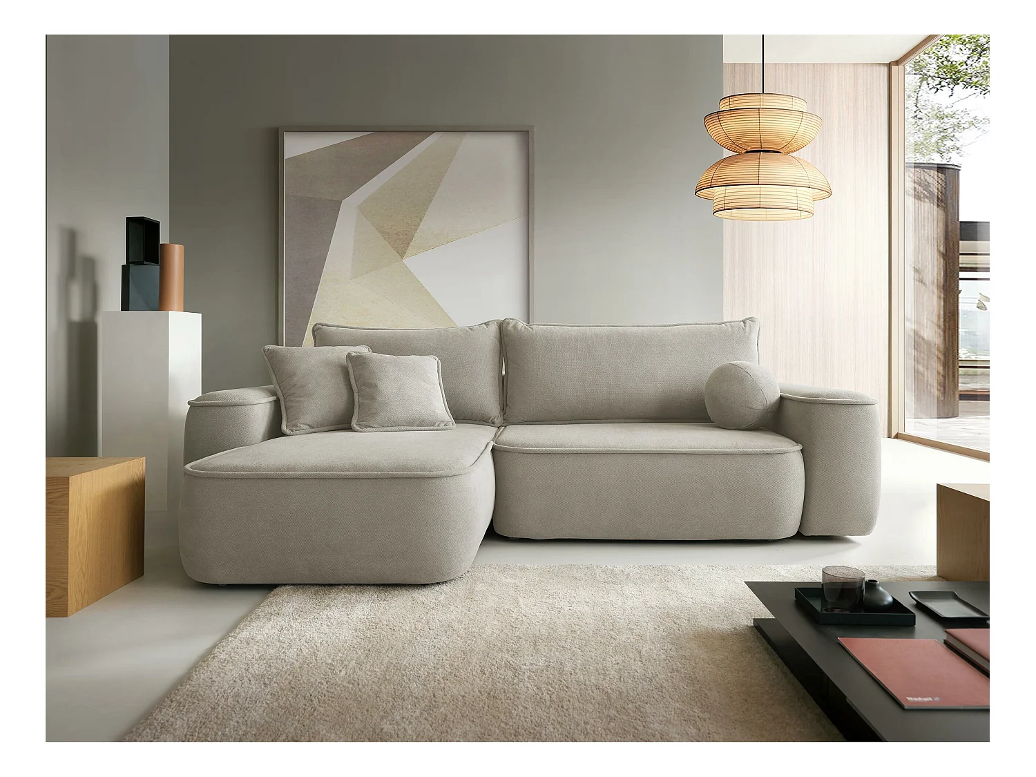 Sofá rinconero TrendyNest 112, De color marrón claro, Función de descanso, Almacenaje,