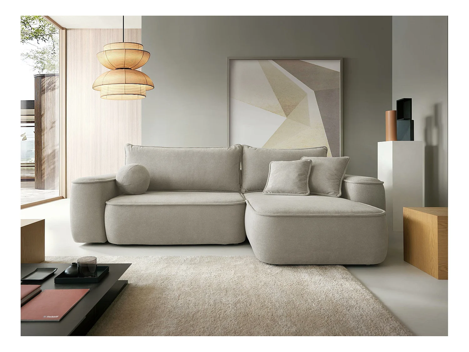 Sofá rinconero TrendyNest 112, De color marrón claro, Función de descanso, Almacenaje,