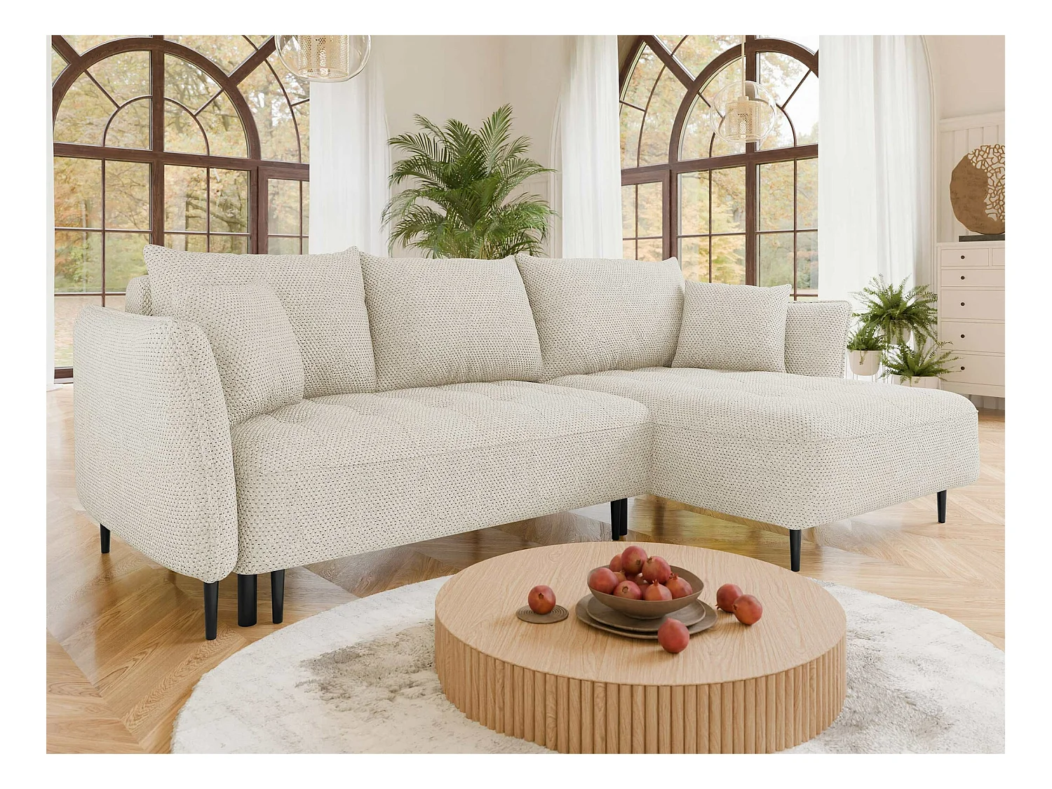 Canapé d'angle TrendyNest 102, Brun clair, Fonction de couchage, Boîte de literie, 276cm