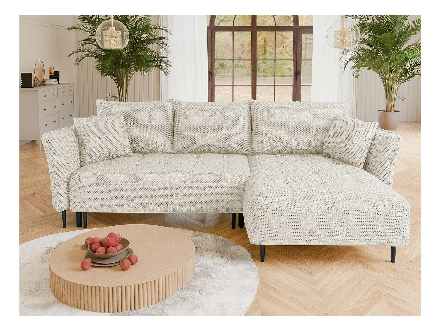 Canapé d'angle TrendyNest 102, Brun clair, Fonction de couchage, Boîte de literie, 276cm