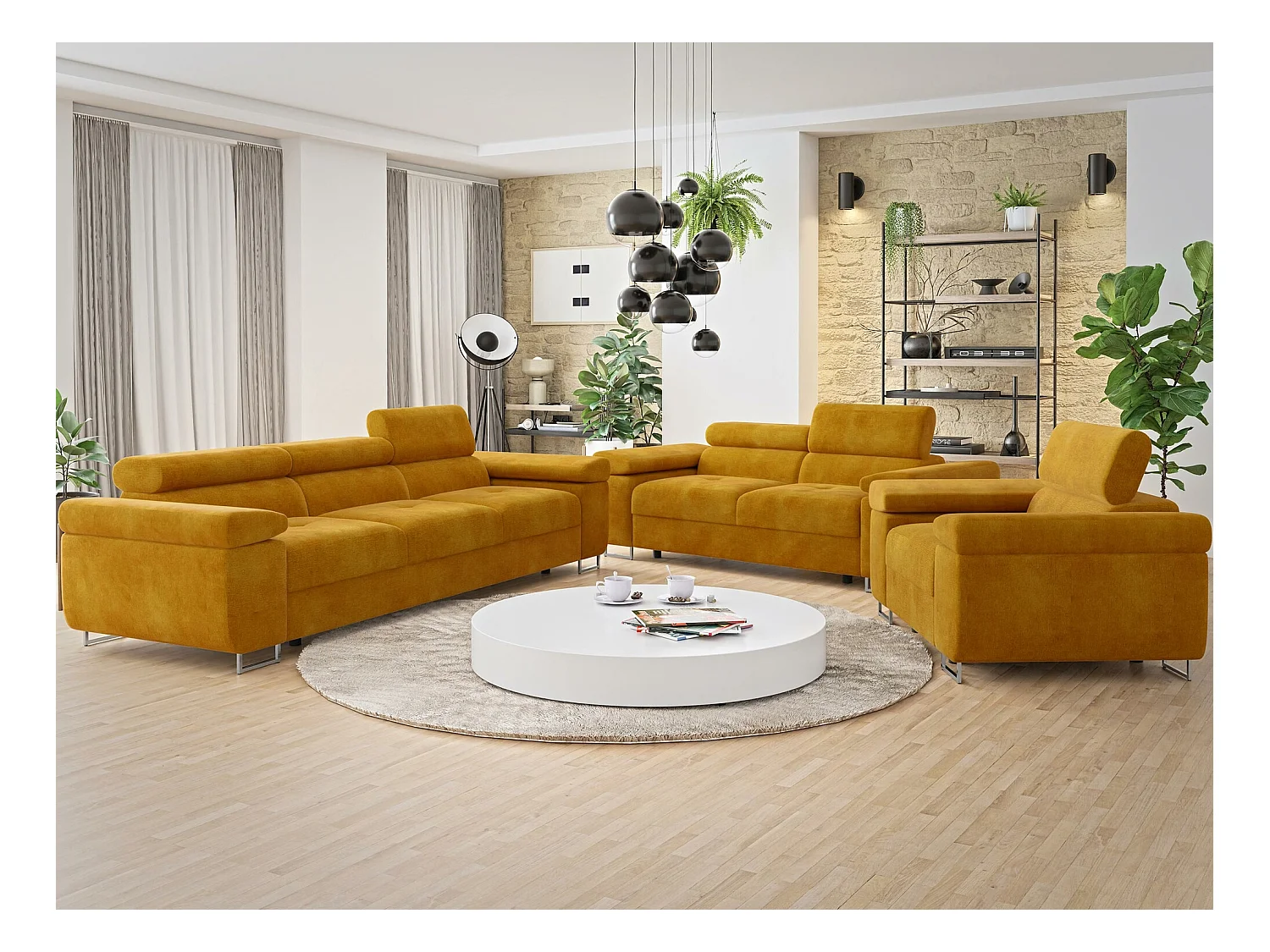 Sofá Comfivo Eliferu 104, Amarillo, 263x102x70cm, Tapiz, Patas: Metal