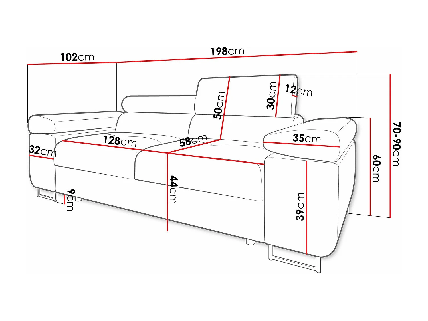 Canapé Comfivo Vinetum II, Orange, 198x102x70cm, Tissu, Pieds: Plastique|Métal