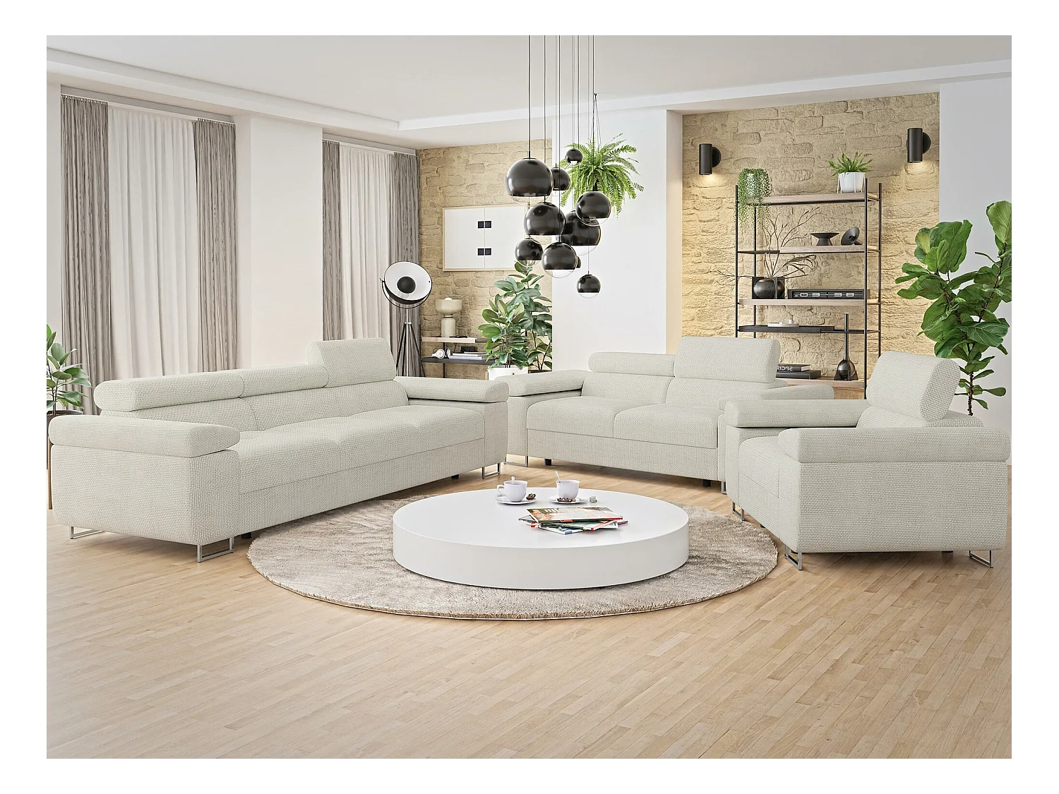 Sofá Comfivo Eliferu 104, Blanco, 263x102x70cm, Tapiz, Patas: Metal