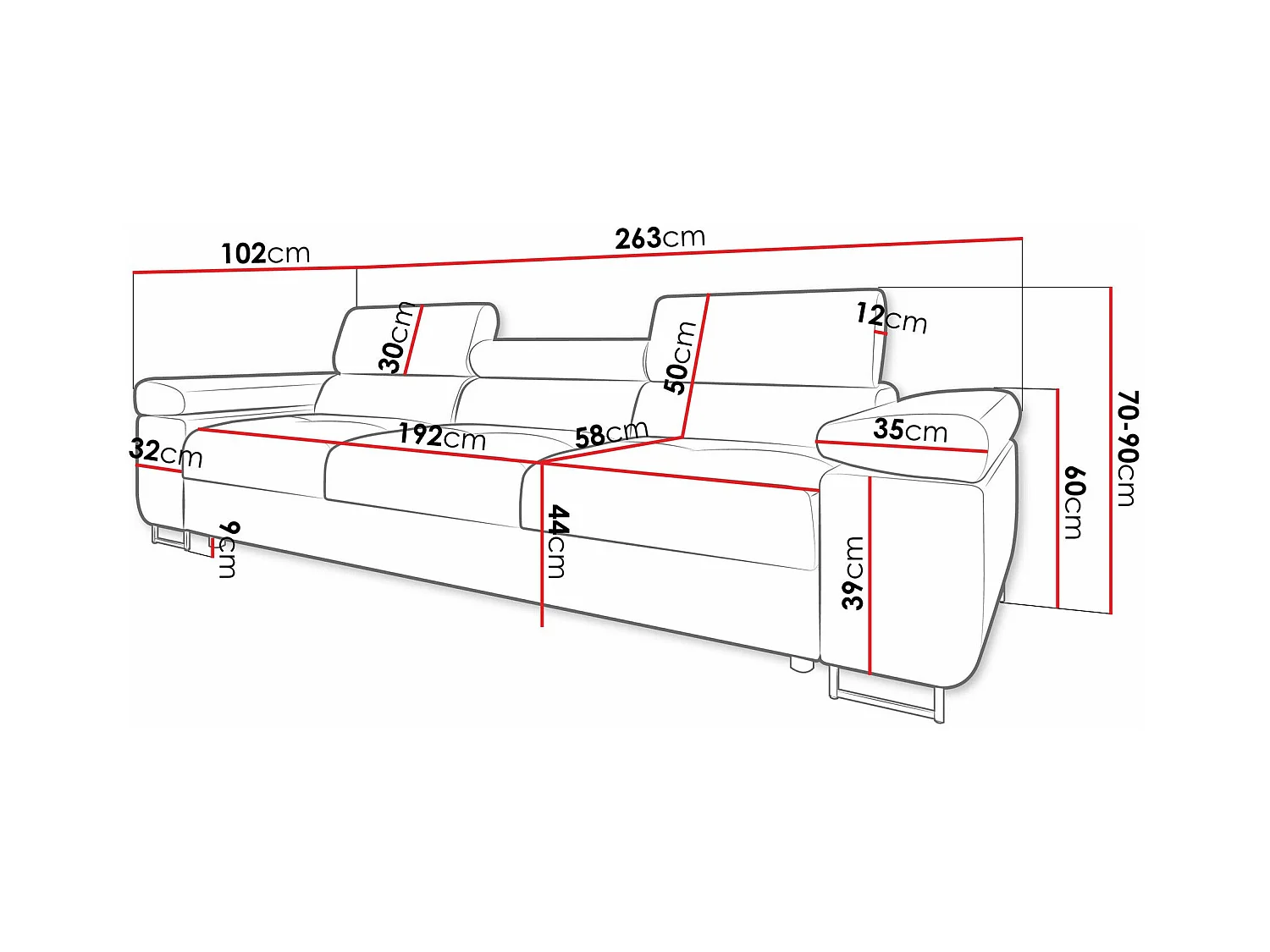 Sofá Comfivo Eliferu 104, Blanco, 263x102x70cm, Tapiz, Patas: Metal