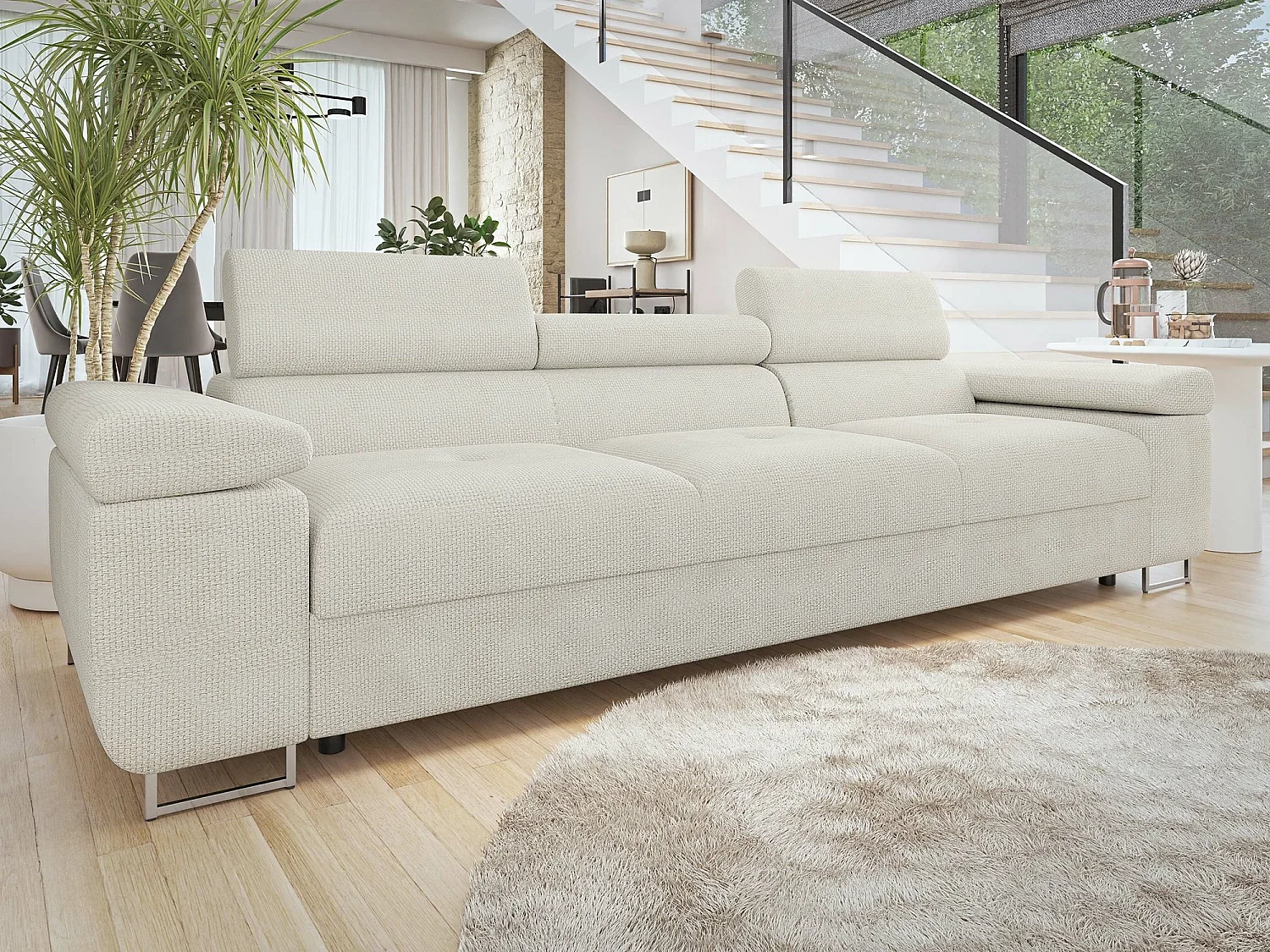 Canapé Comfivo Eliferu 104, Blanc, 263x102x70cm, Tissu, Pieds: Métal