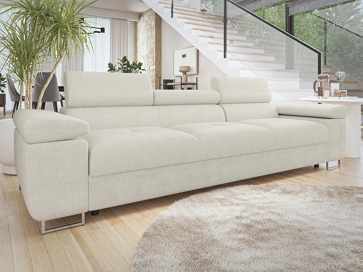 Sofá Comfivo Vinetum III, Blanco, 263x102x70cm, Tapiz, Patas: Metal|Plástico