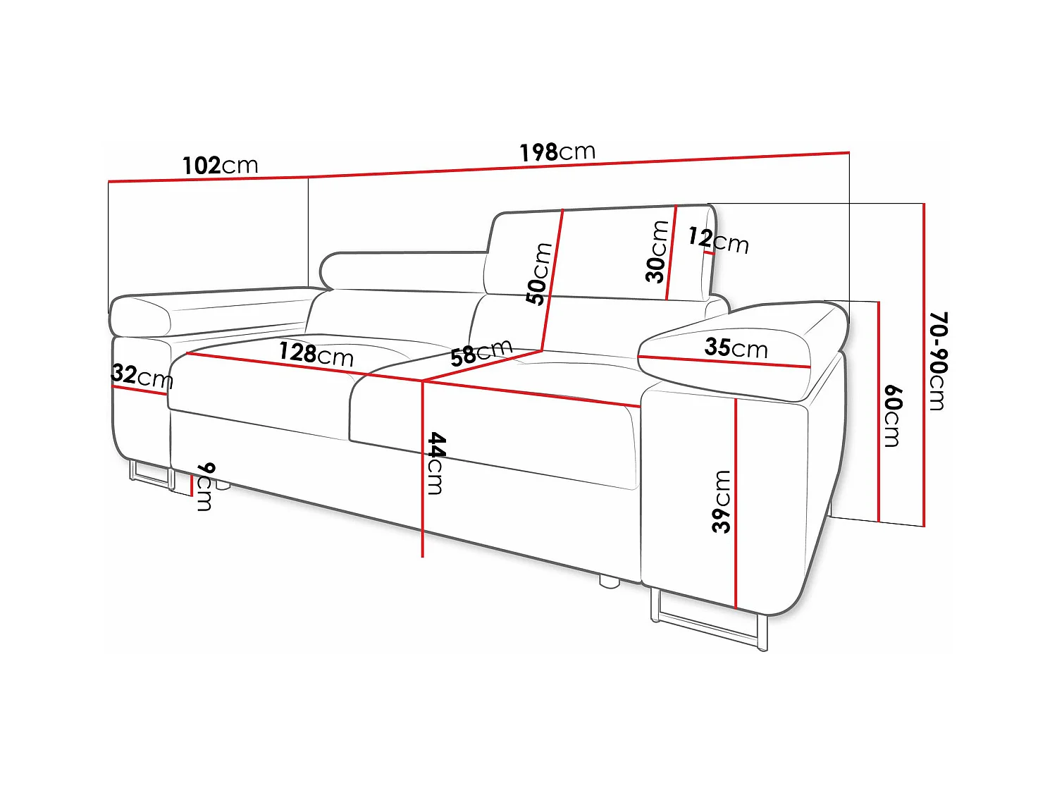 Sofá Comfivo Eliferu 105, Blanco, 198x102x70cm, Tapiz, Patas: Metal