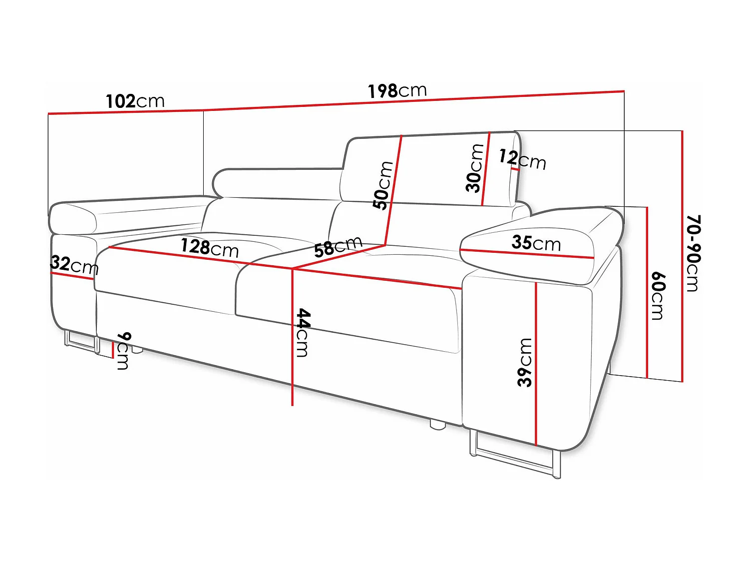 Canapé Comfivo Eliferu 105, Blanc, 198x102x70cm, Tissu, Pieds: Métal