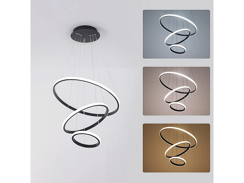 Suspension Led Moderne, Lustre Luminaire 3 Anneaux Suspendu LED Noir, Réglable Lampes Suspendu Dimmable 3000K/4500K/6500K, 20+35+50CM, 40W