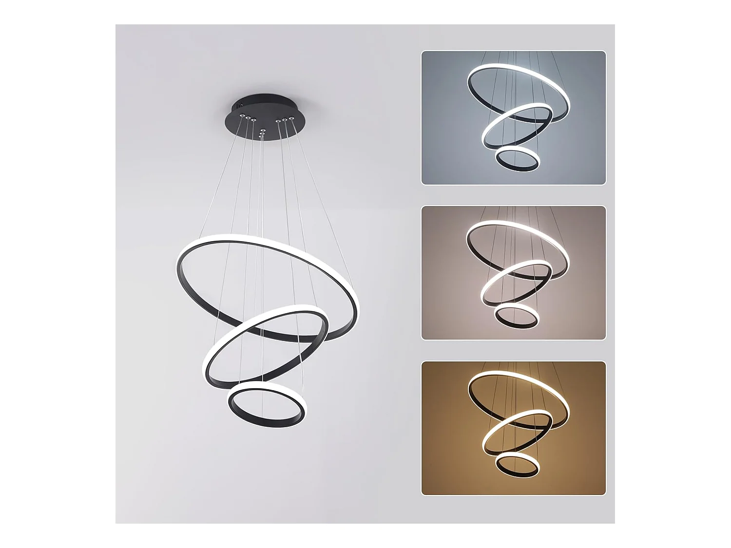 Suspension Led Moderne, Lustre Luminaire 3 Anneaux Suspendu LED Noir, Réglable Lampes Suspendu Dimmable 3000K/4500K/6500K, 20+35+50CM, 40W