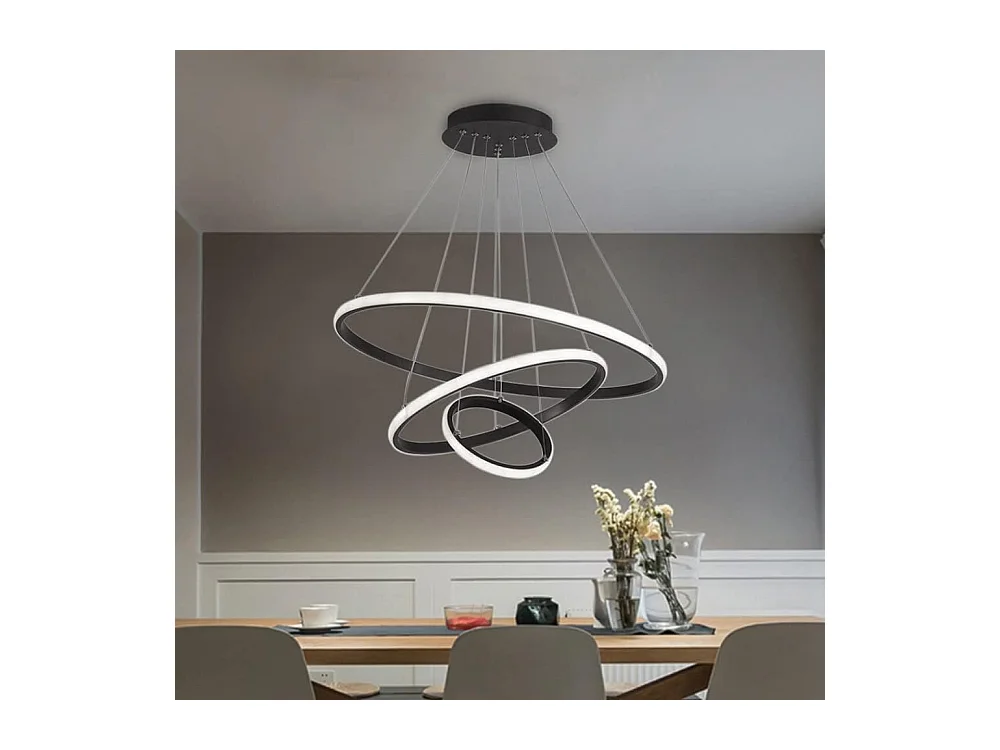 Suspension Led Moderne, Lustre Luminaire 3 Anneaux Suspendu LED Noir, Réglable Lampes Suspendu Dimmable 3000K/4500K/6500K, 20+35+50CM, 40W